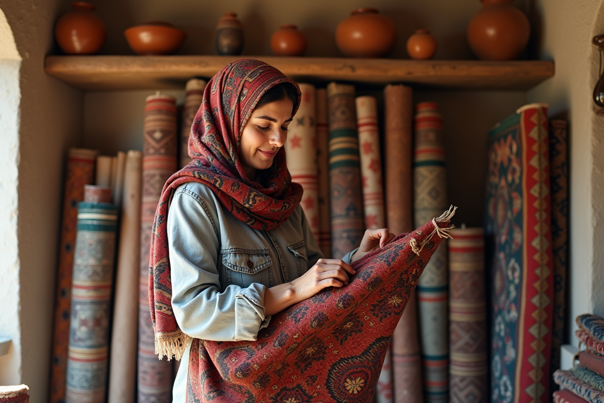 Femme berbere examine un tapis traditionnel coloré