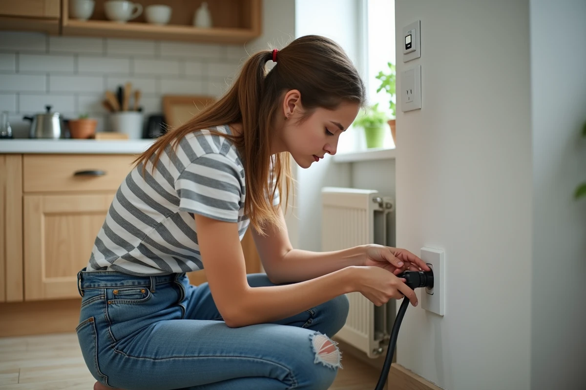 Jeune femme en jeans pose une prise &eacute;lectrique dans la cuisine