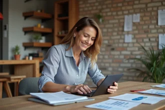 Femme souriante vérifiant un budget de rénovation