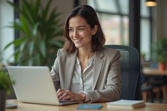 Femme souriante explorant un tableau de bord marketing