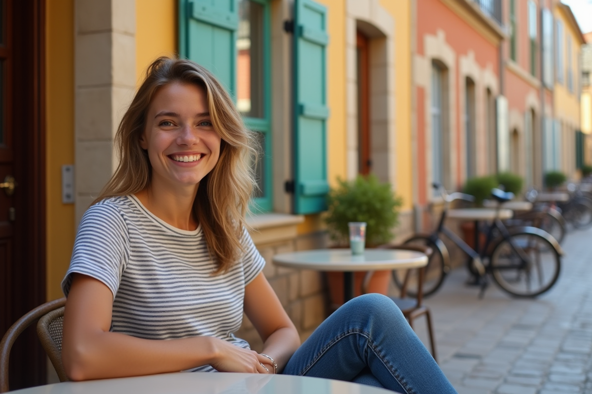 Jeune femme détendue dans un café en Provence