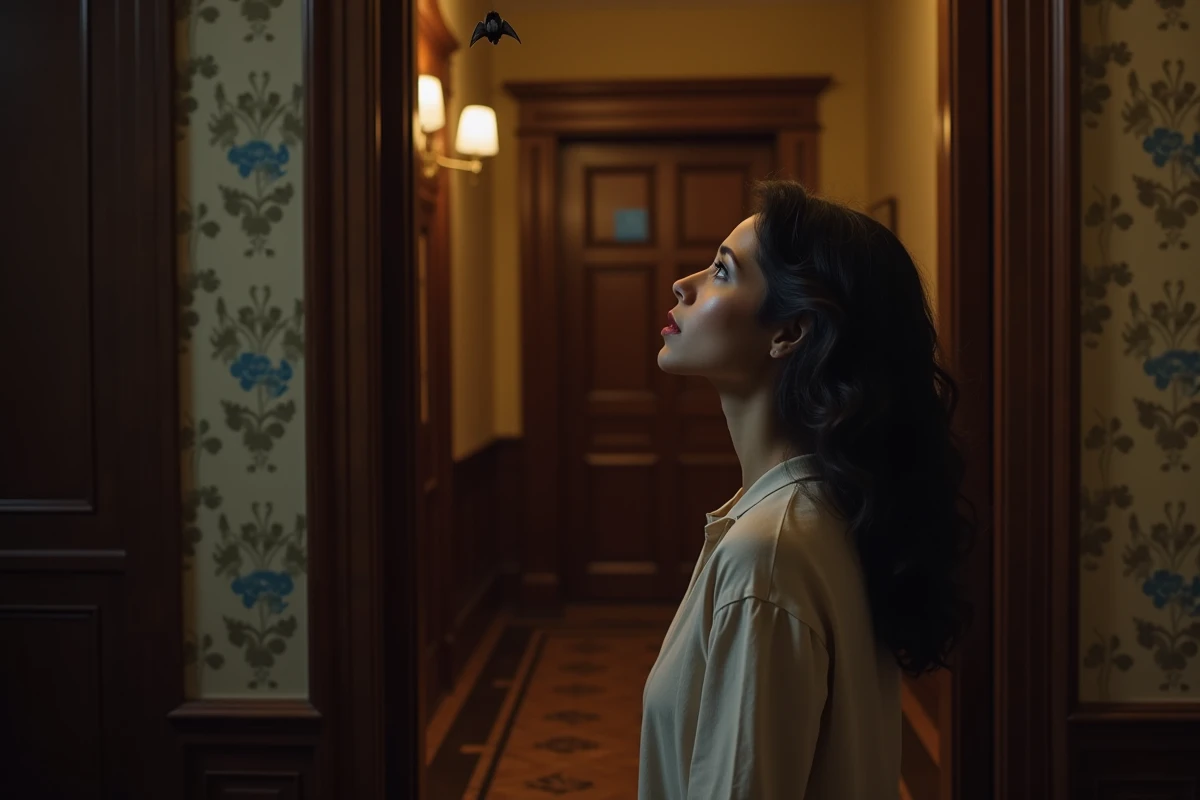 Femme observant une chauve-souris posée sur le cadre d'une porte ancienne dans un couloir intérieur, moment de contemplation symbolique