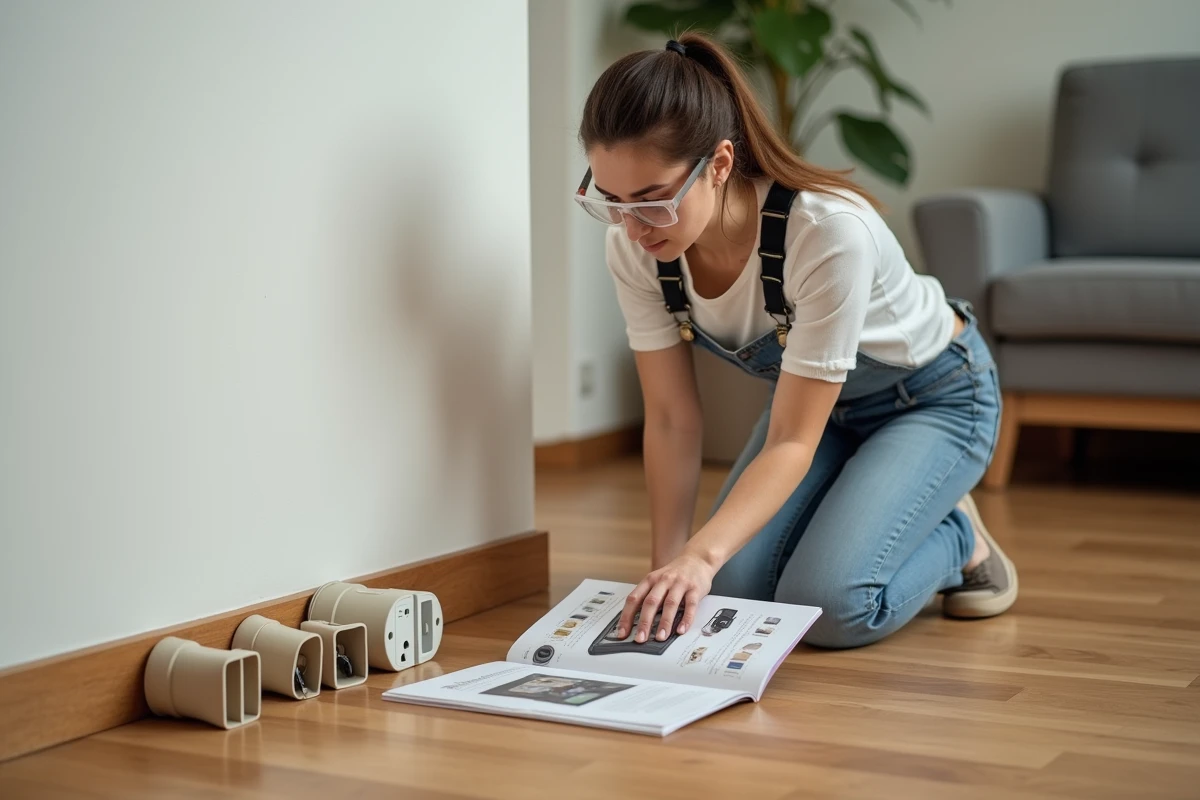 Femme comparant deux modèles de prises électriques pour goulotte dans un salon lors d'un projet de rénovation DIY