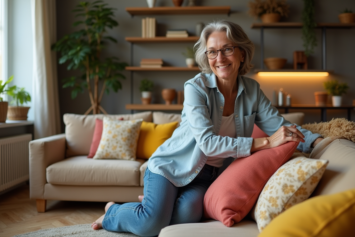Femme arrangeant des coussins colorés dans un salon moderne