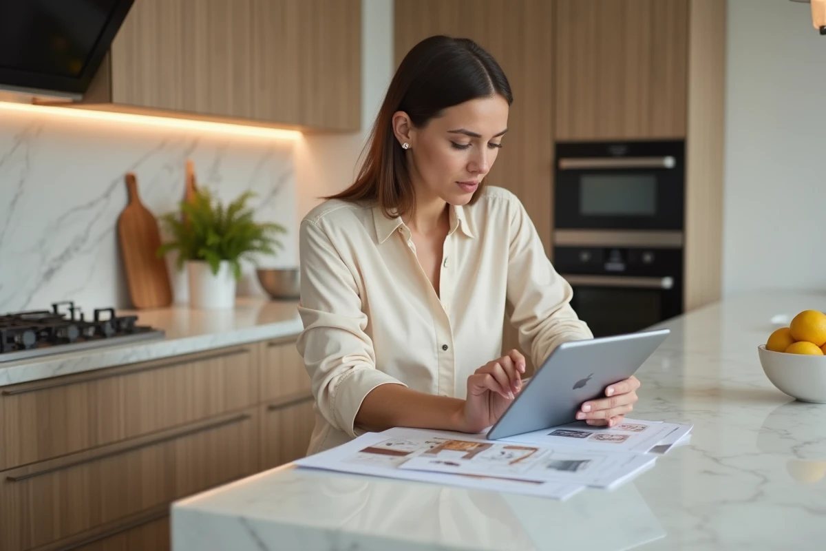 Femme en cuisine moderne consulte une tablette pour ses idées
