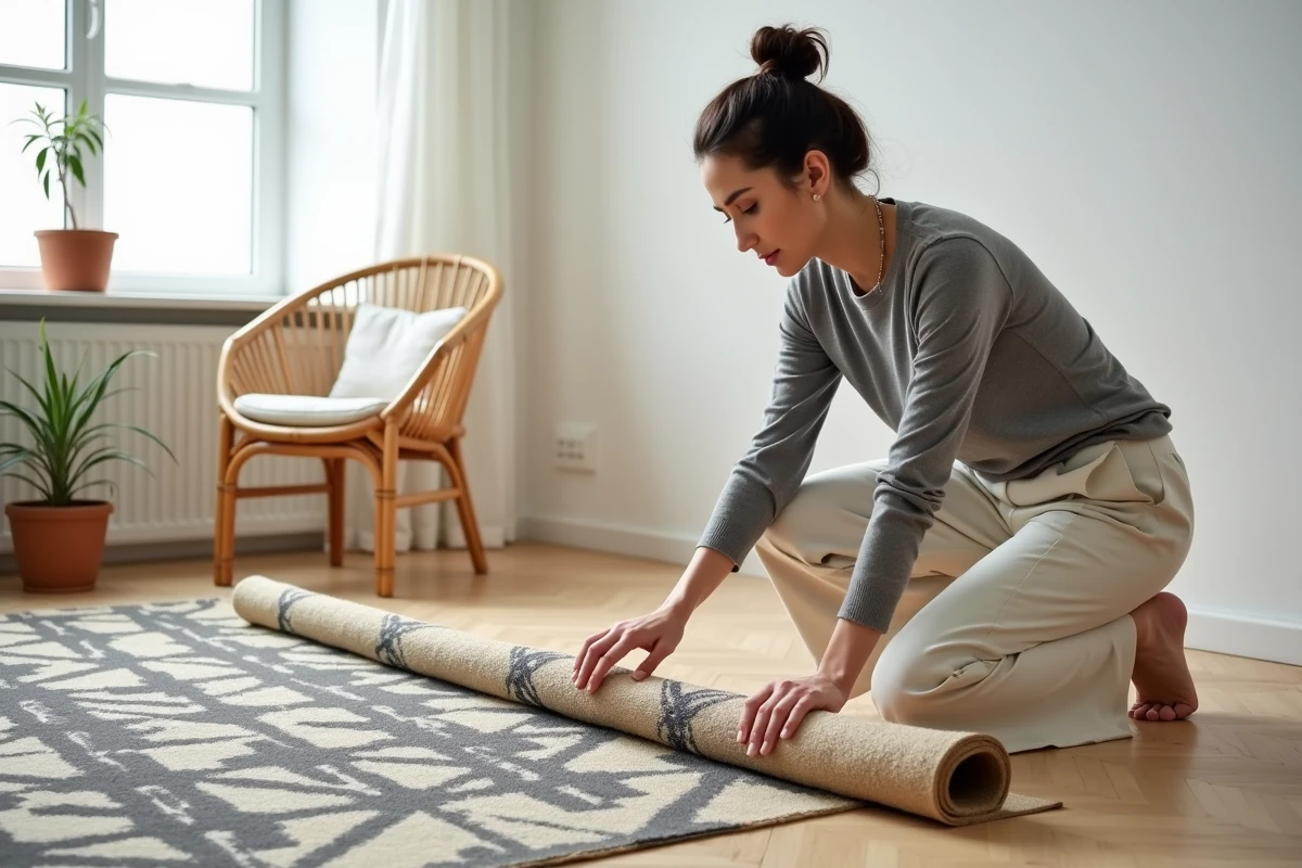 Femme agenouillée touchant un tapis japonisant géométrique en tissu plat sur parquet en chêne clair, intérieur Japandi épuré