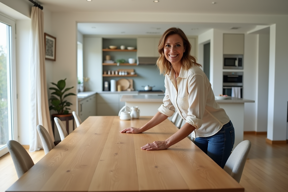 Femme souriante dans une salle à manger moderne chaleureuse