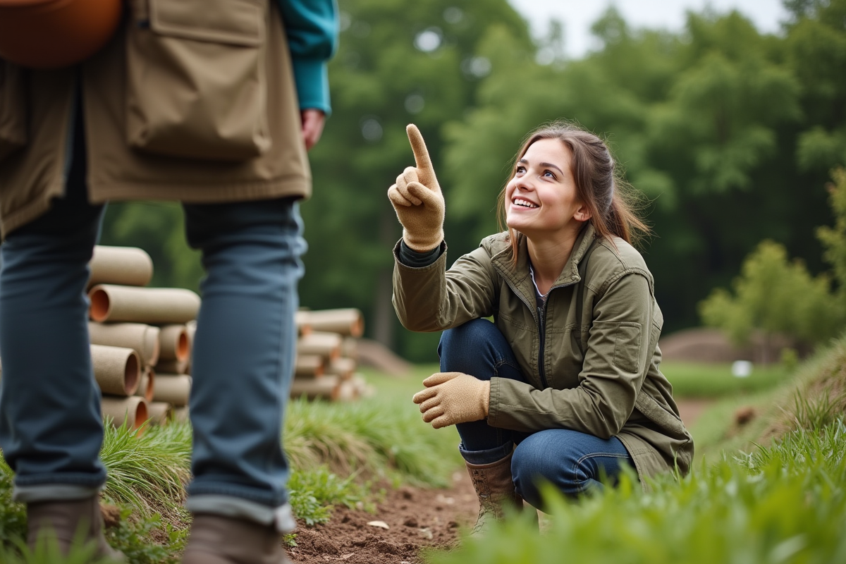 Jeune femme en extérieur discutant du toit en herbe
