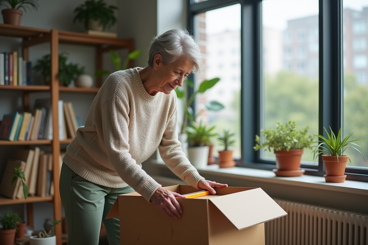 Femme âgée scellant une boîte dans un appartement urbain