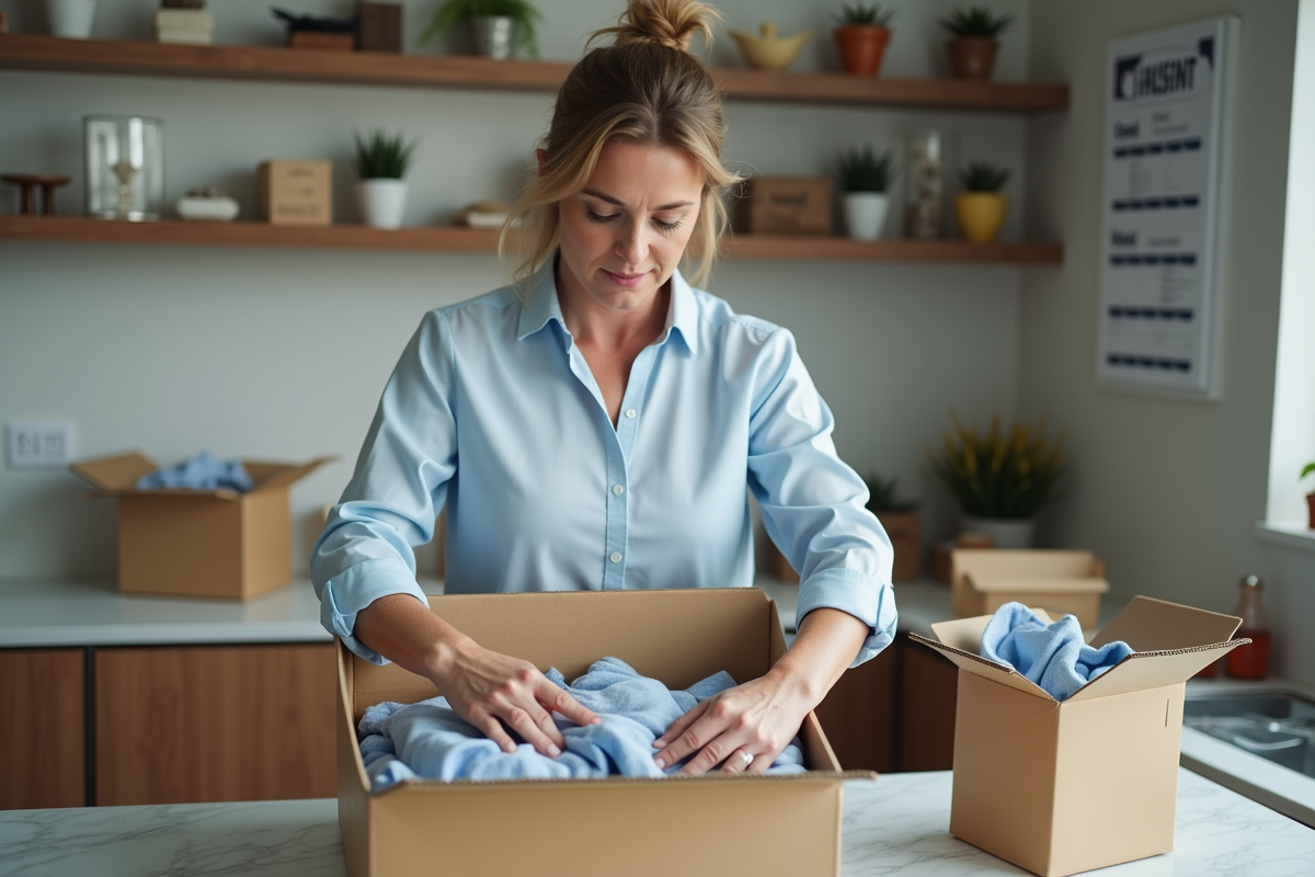 Femme d'âge moyen emballant des vêtements dans une boîte en cuisine