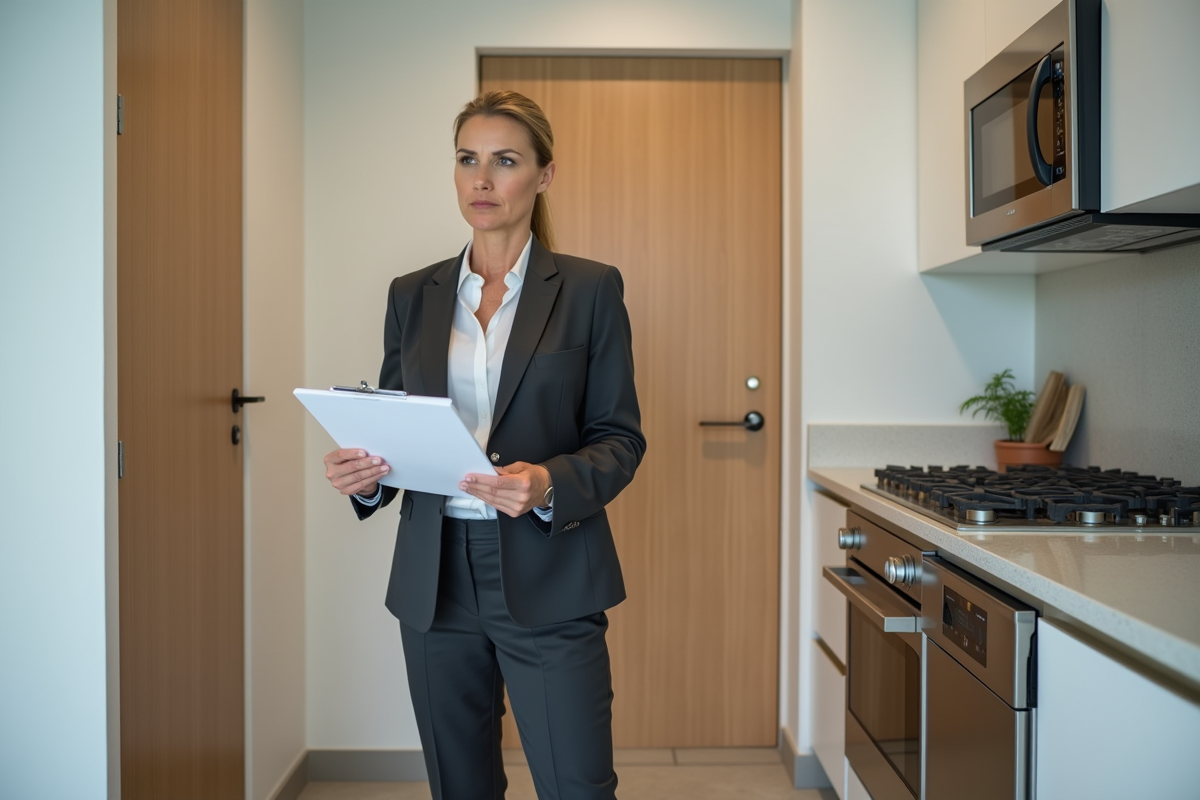 Femme d affaires examine plans dans un appartement moderne