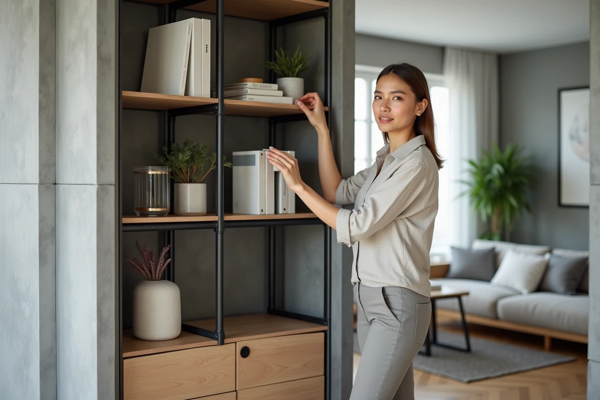Femme arrangeant une étagère séparatrice ouverte dans un petit appartement moderne pour délimiter bureau et salon sans perdre de clarté