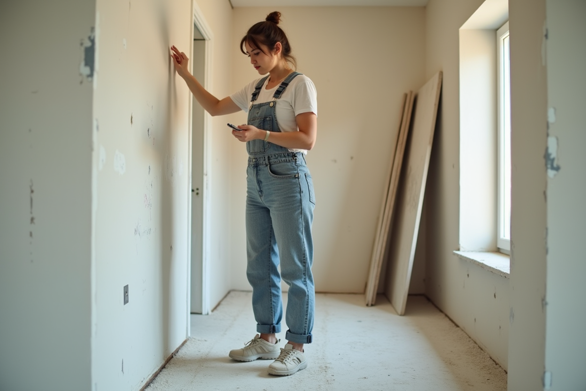 Jeune femme vérifiant la finition des joints en plâtre
