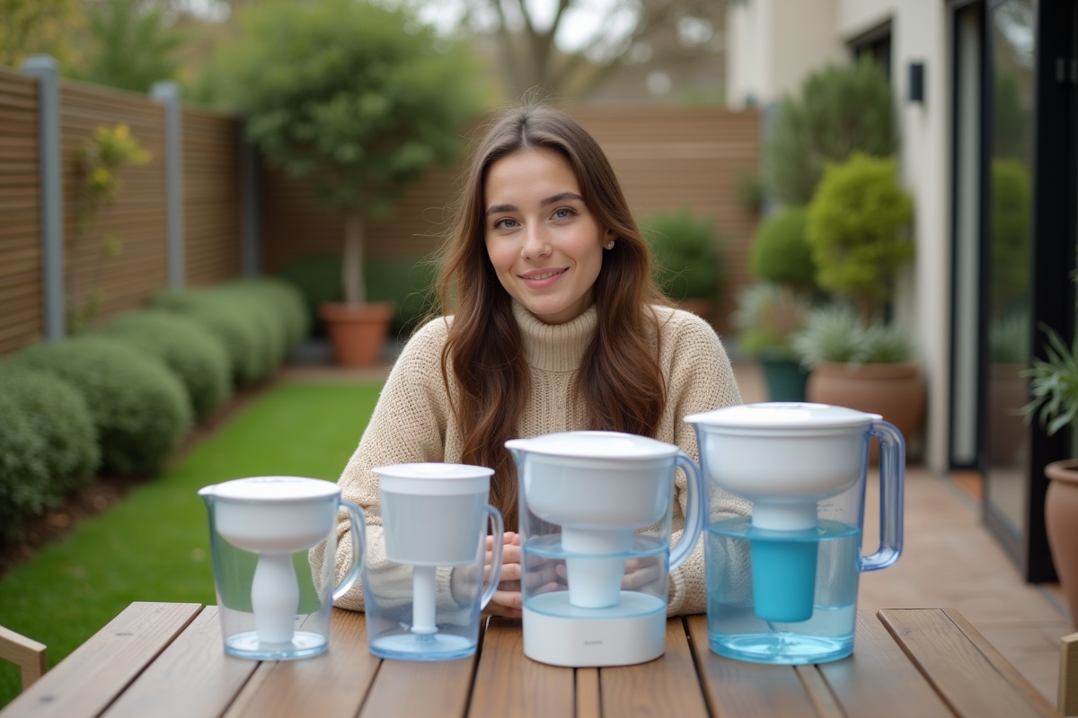 Jeune femme examine des carafes à eau dehors dans le jardin