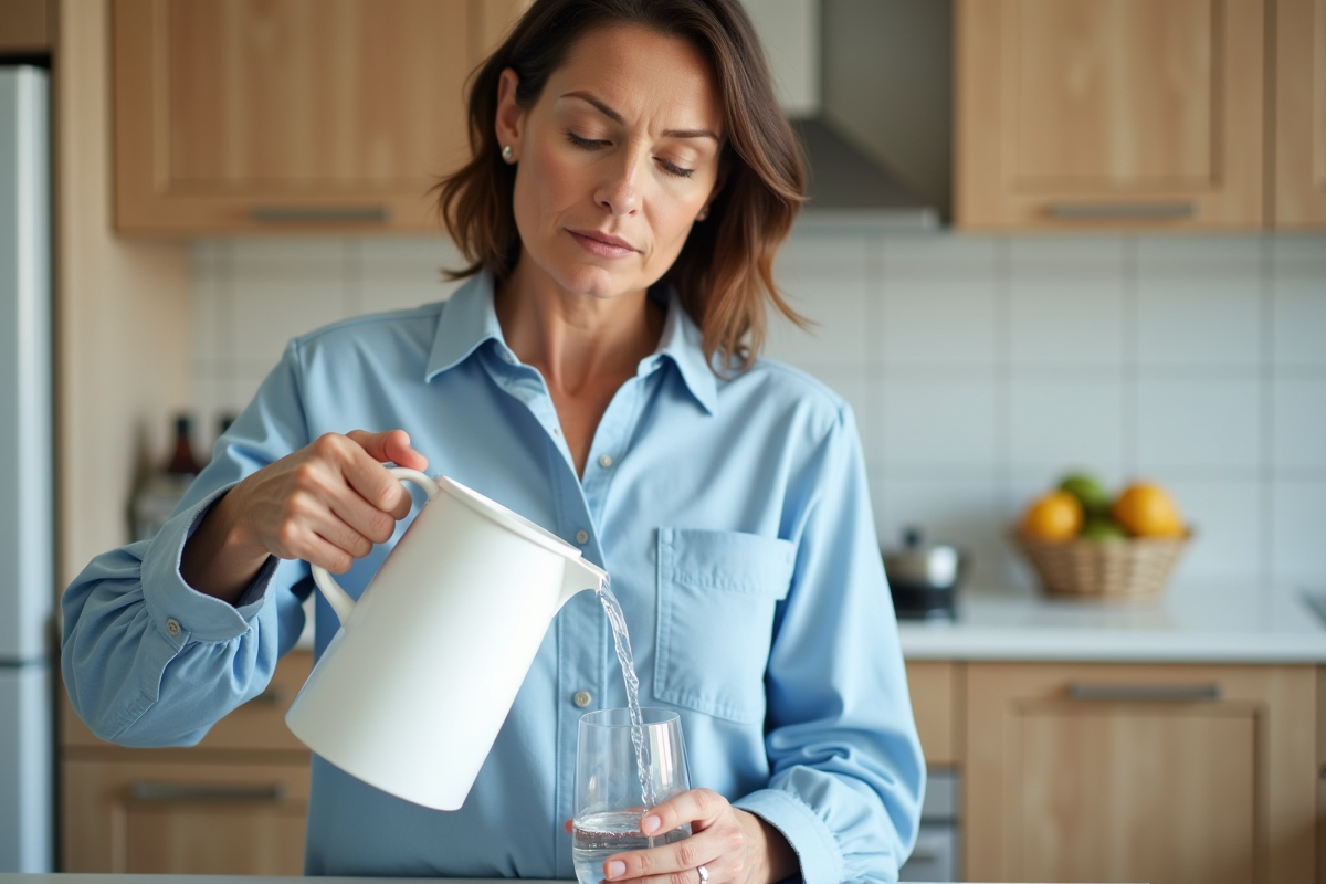 Femme versant de l'eau dans un verre dans une cuisine lumineuse