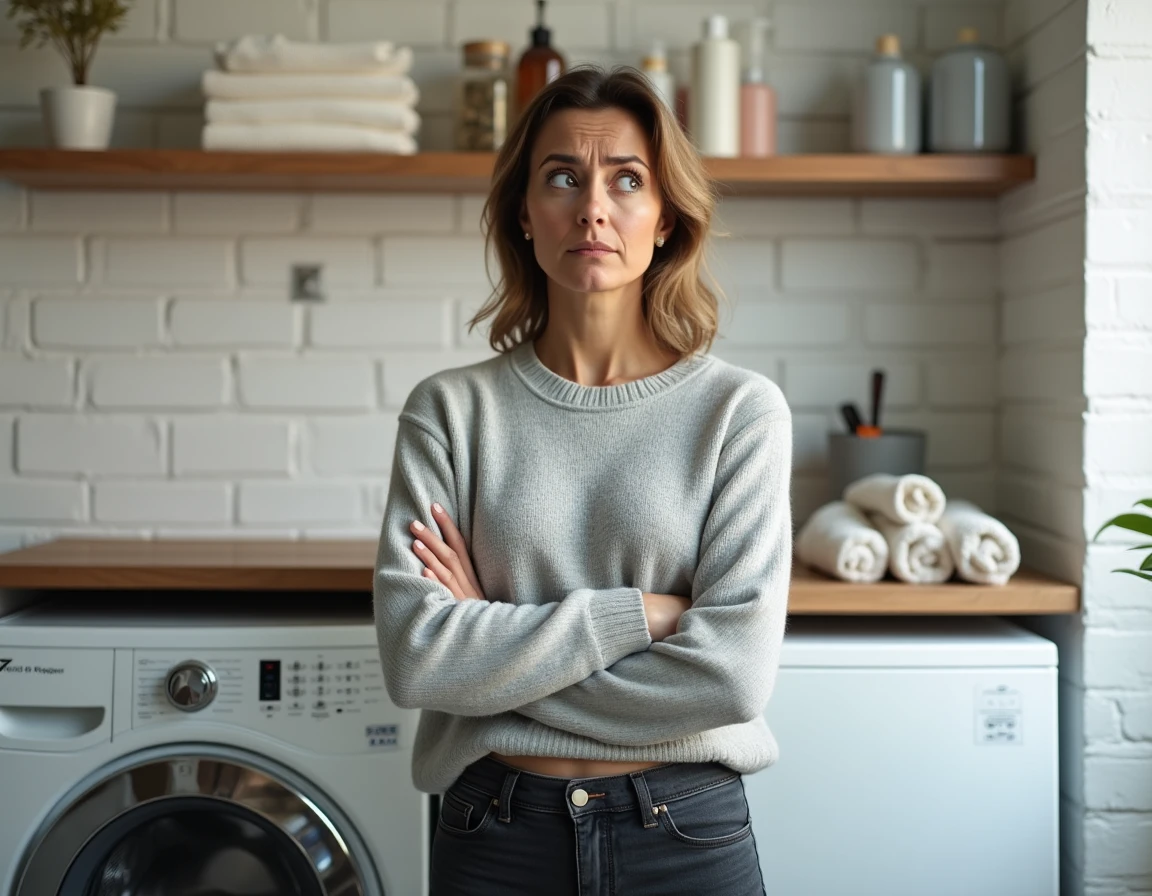 Femme frustrée devant un lave-linge de mauvaise qualité dans une buanderie moderne