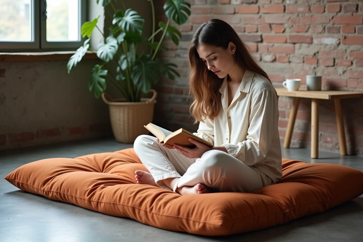 Femme assise sur un futon matelas pliable terracotta déplié dans un appartement studio moderne avec sol en béton ciré