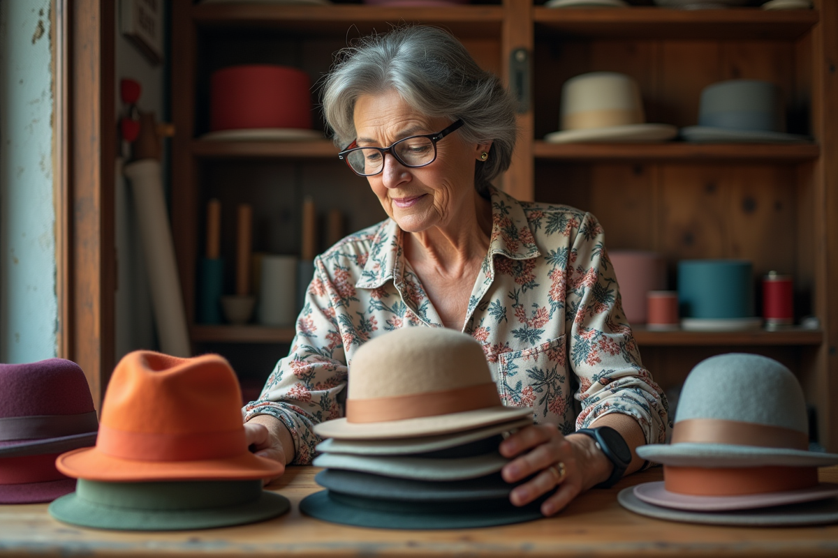 Femme arrangeant des chapeaux en feutre colorés dans une boutique authentique