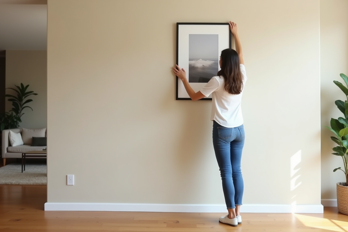 Femme dans un salon moderne accrochant une peinture abstraite