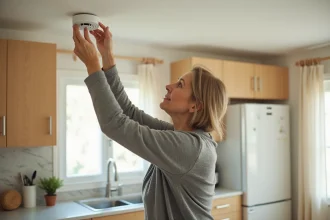 Femme inspectant un détecteur de fumée monté au plafond dans une cuisine moderne