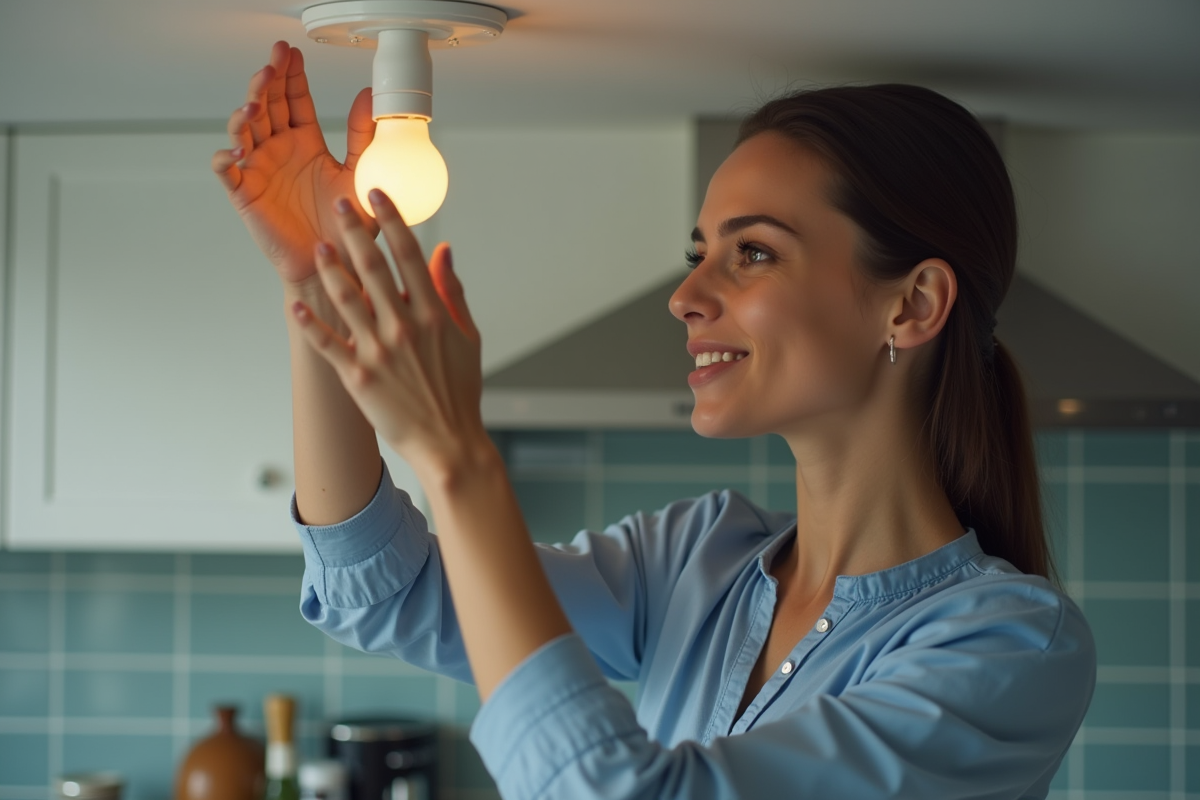 Jeune femme installant une ampoule dans une cuisine moderne