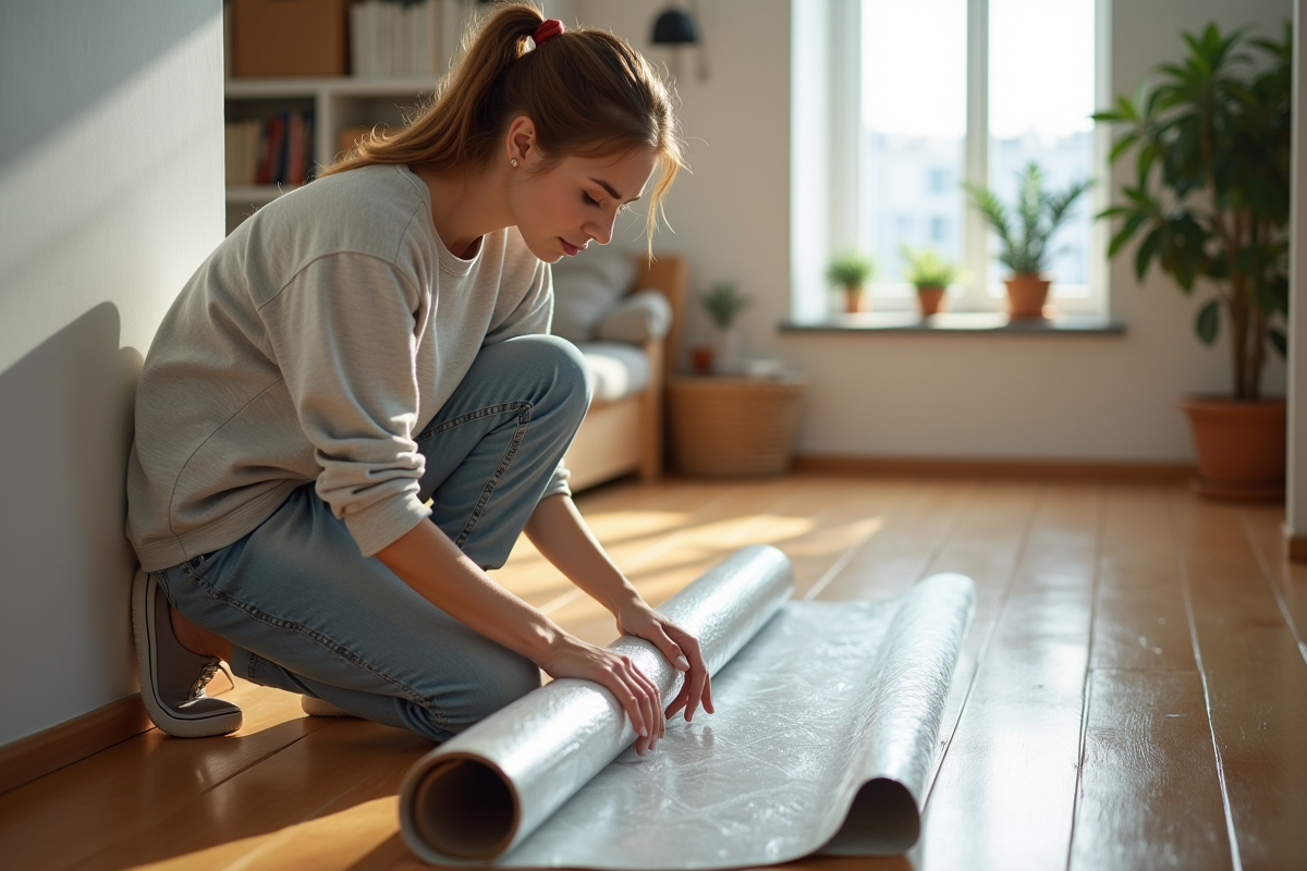Jeune femme examinant une isolation réfléchissante dans un intérieur moderne