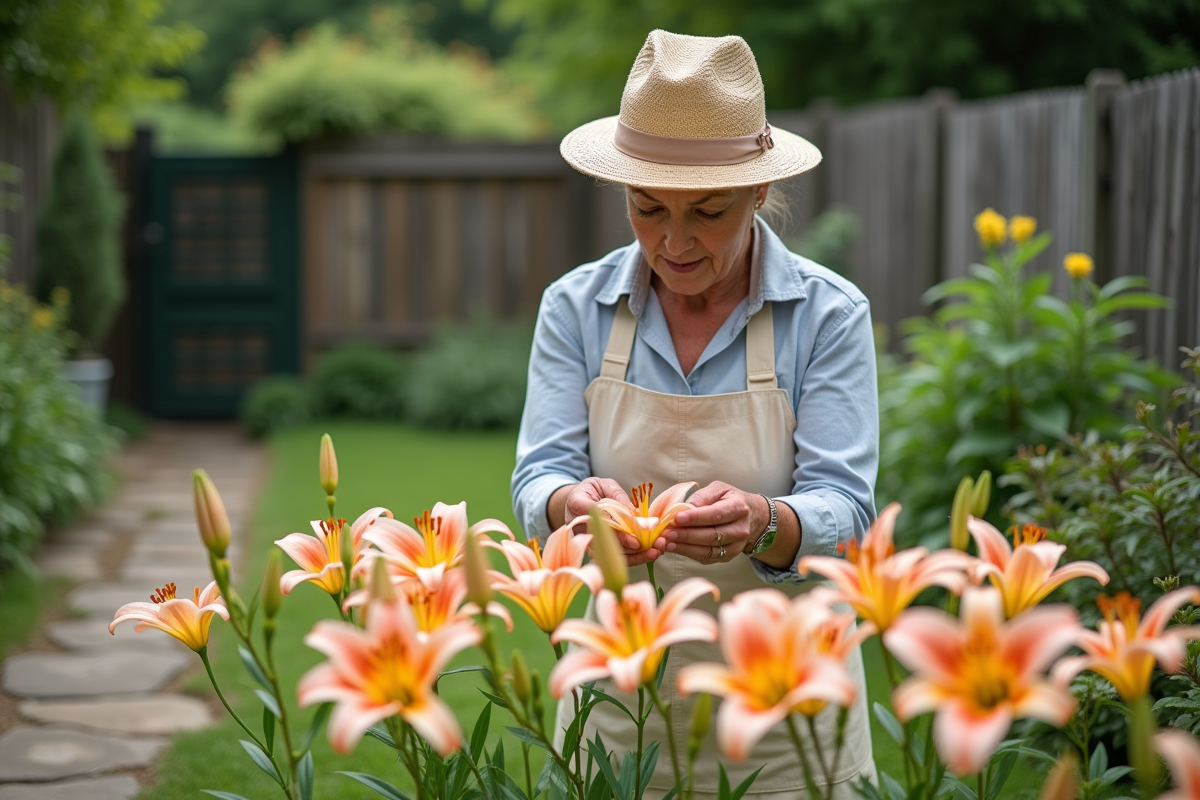 Femme en chapeau de paille et tablier jardinage s'occupe de lys