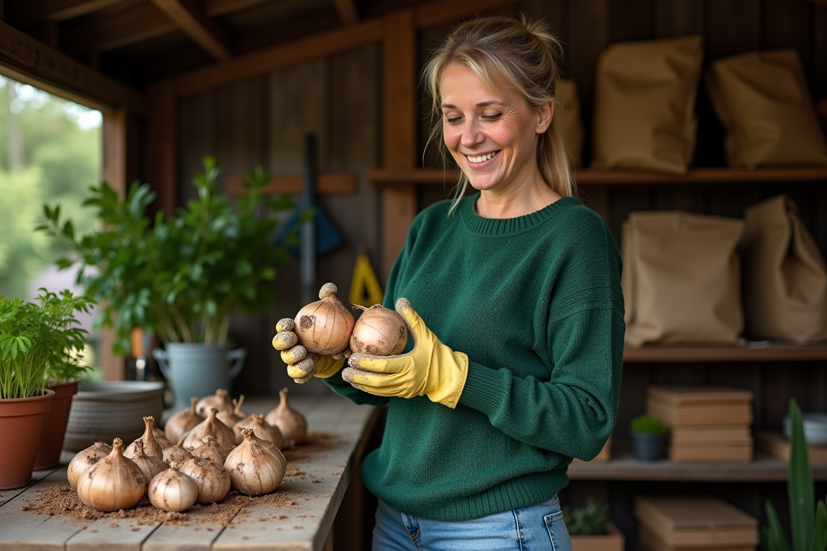Femme inspectant des bulbes de lys dans le jardin