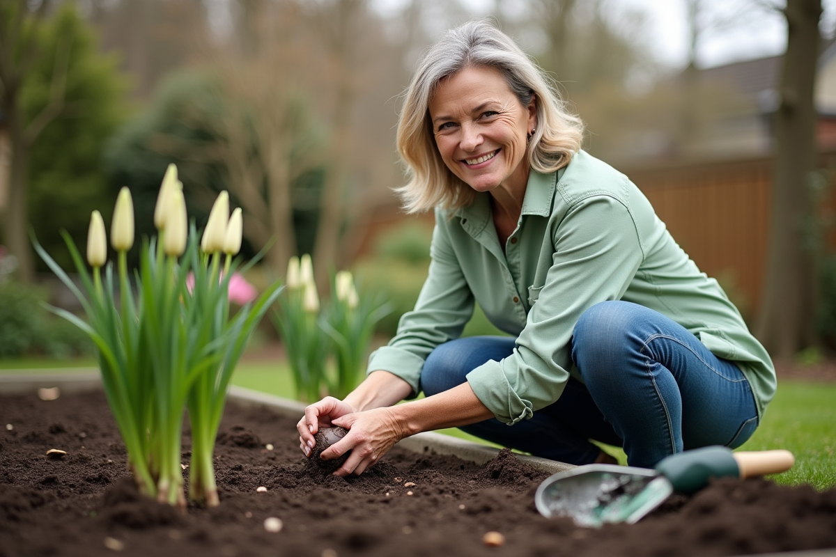 Femme plantant un bulbe de lys dans le jardin au printemps