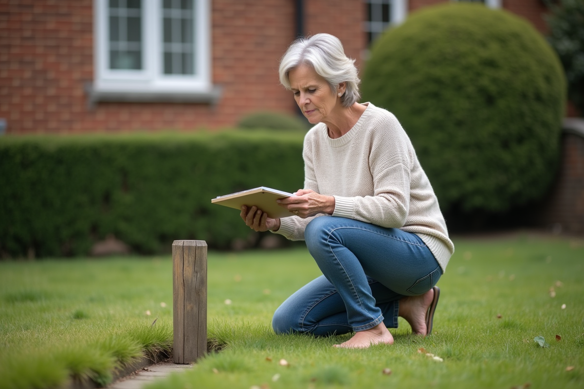 Femme en jeans et pull clair mesurant son jardin