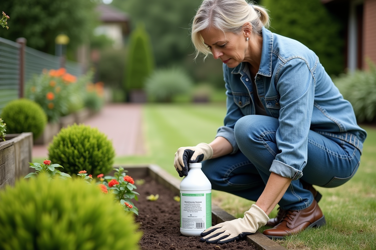Femme en jardinage avec solution liquide dans le jardin