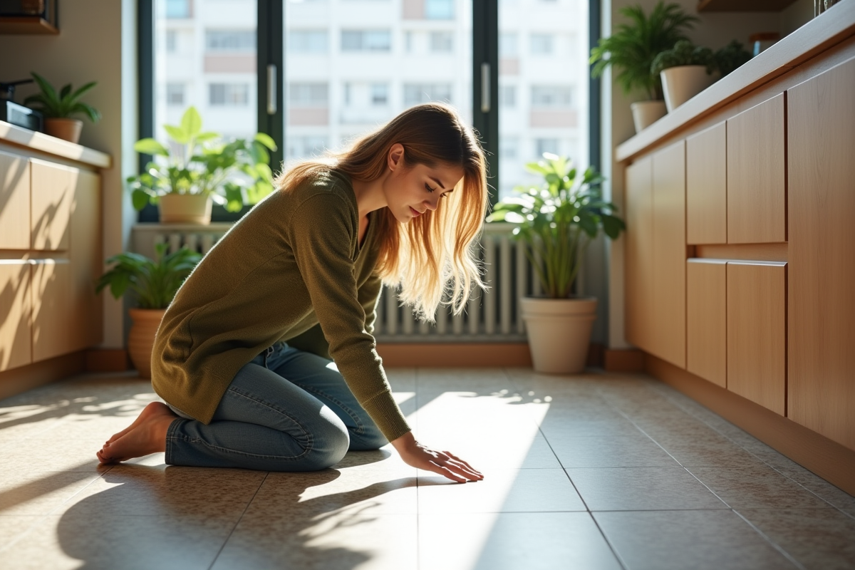 Jeune femme touche un carrelage dans une cuisine lumineuse