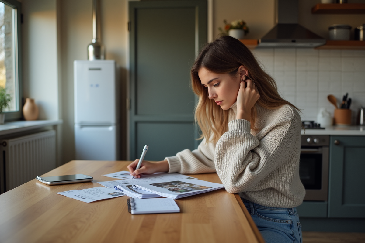Jeune femme étudiant des brochures d