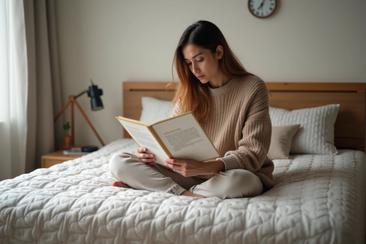Femme jeune lisant une notice de garantie sur un matelas &agrave; la maison