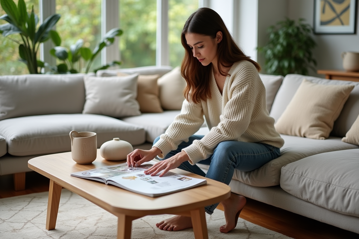 Jeune femme dans un salon moderne arrangeant des magazines