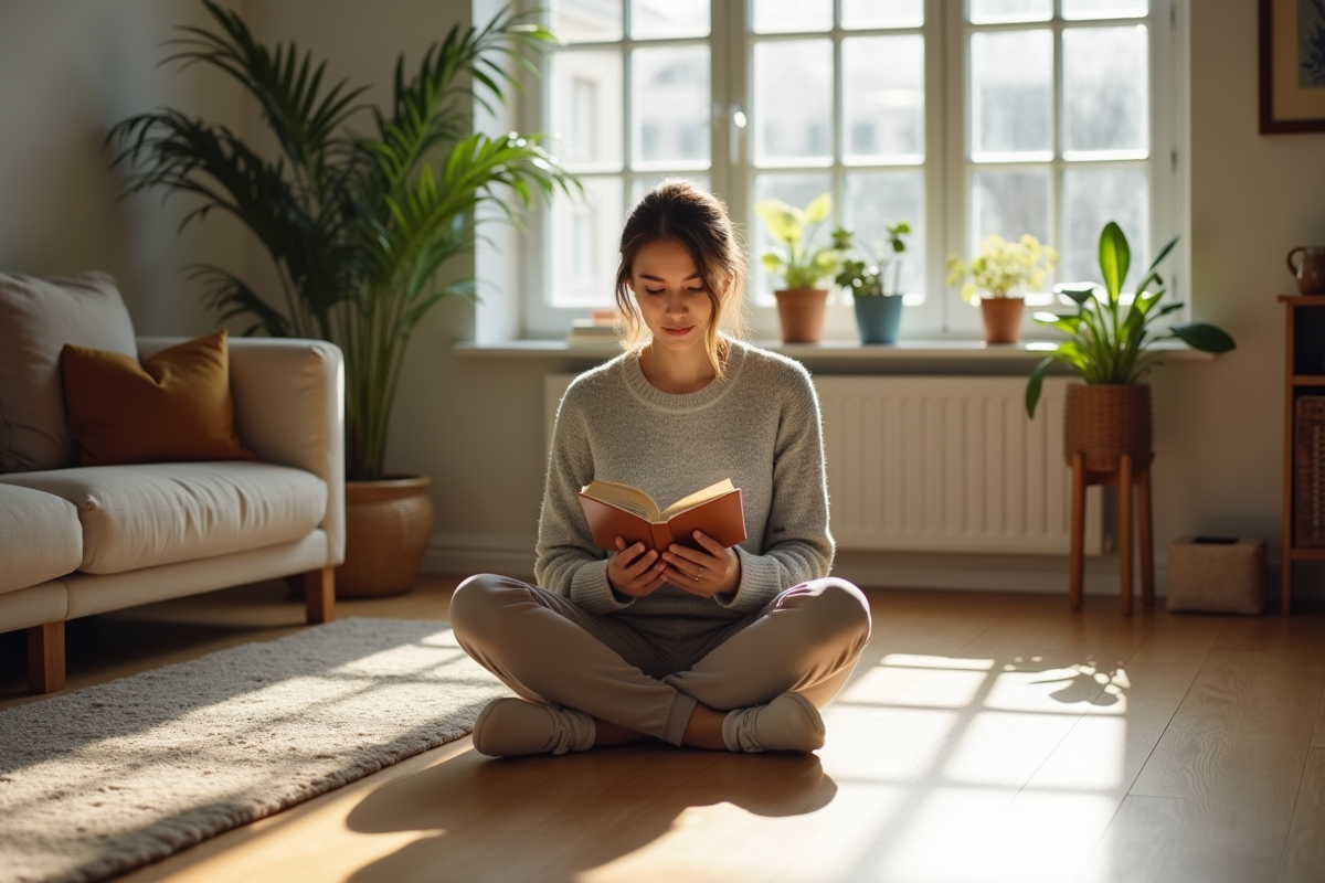 Jeune femme lisant sur un sol en chêne dans un salon lumineux