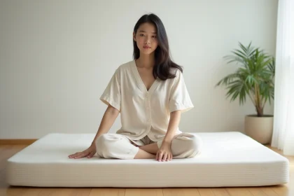 Jeune femme en lin sur matelas japonais minimaliste