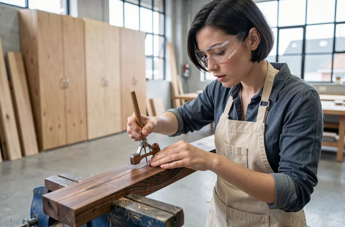 Femme menuisière traçant les lignes d'un tenon sur une planche en noyer avec un trusquin dans un atelier de menuiserie moderne