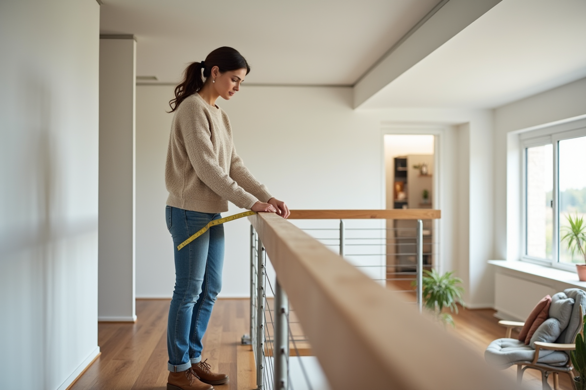 Femme en jeans et pull mesure la rampe en mezzanine