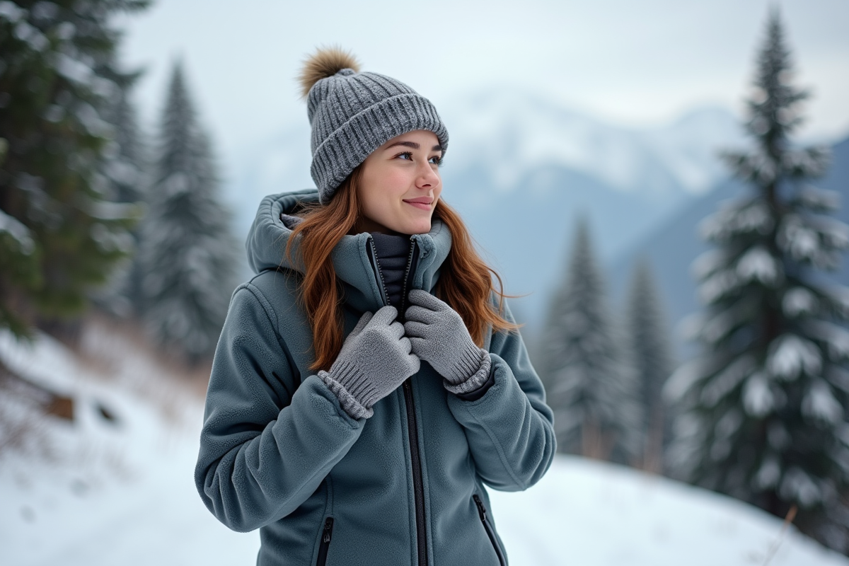 Femme en montagne enneigee portant une veste polar fleece
