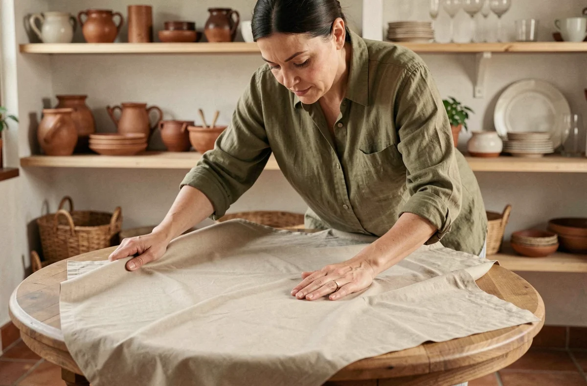 Femme étalant une nappe infroissable beige sur une table ronde en bois dans une cuisine moderne
