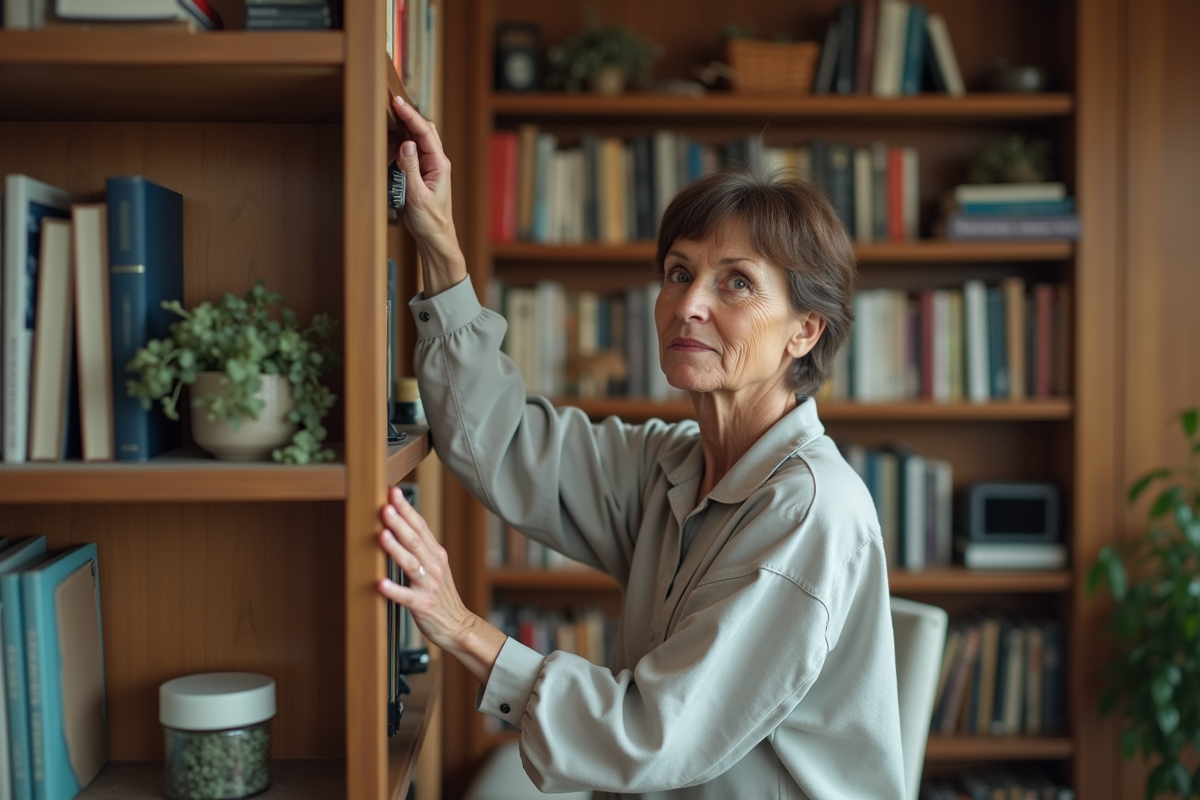 Femme d'âge moyen nettoyant une bibliothèque à la maison