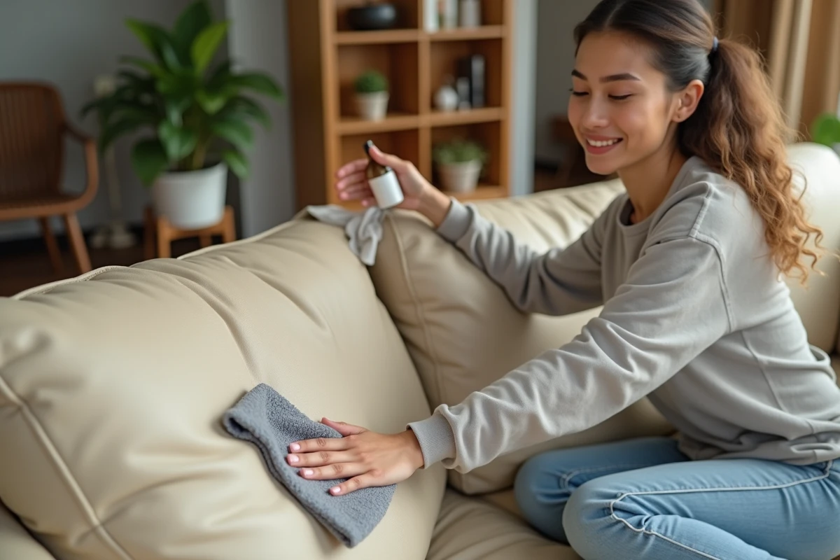 Jeune femme nettoyant un canapé en cuir beige dans un salon moderne