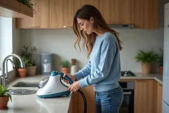 Femme utilisant un nettoyeur vapeur dans une cuisine moderne