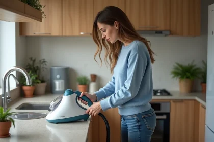 Femme utilisant un nettoyeur vapeur dans une cuisine moderne