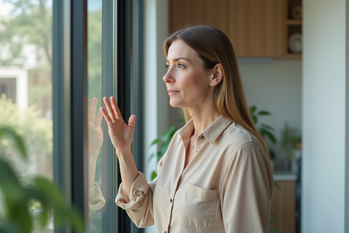 Femme d'âge moyen dans un bureau lumineux regardant par la fenêtre