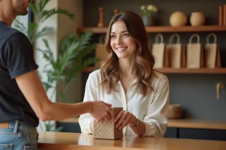 Jeune femme souriante offrant un pouch en papier dans une boutique