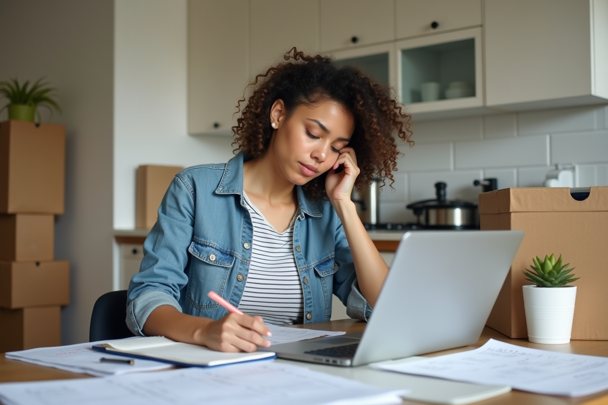 Jeune femme planifiant avec checklist dans cuisine