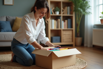 Femme arrangeant des diviseurs en carton dans une boîte de rangement