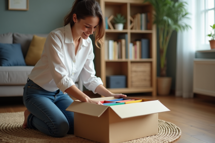 Femme arrangeant des diviseurs en carton dans une boîte de rangement